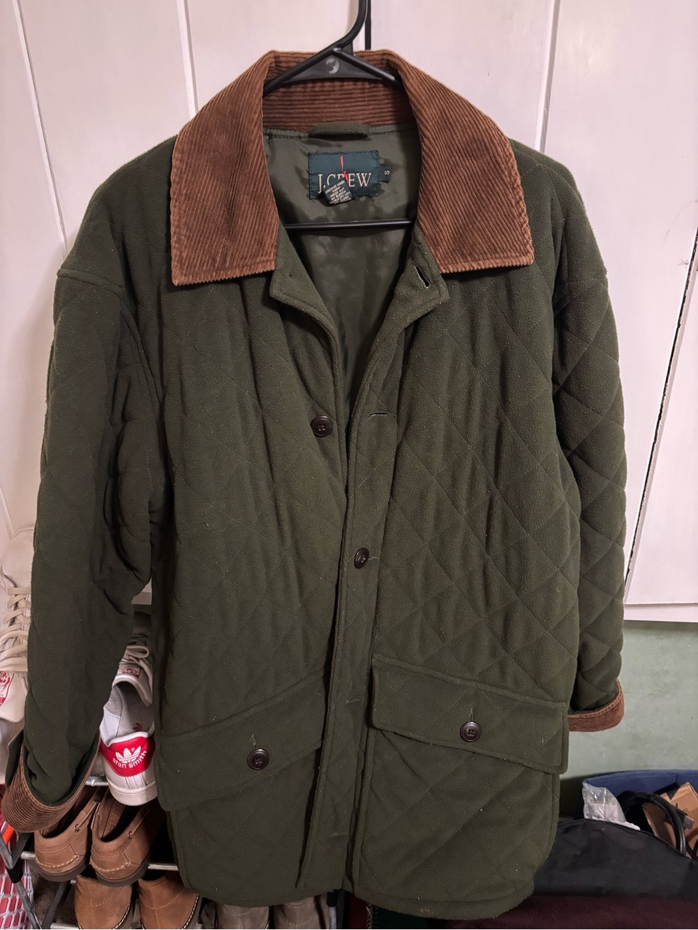 J. Crew Olive Quilted Parka with Brown Corduroy Collar